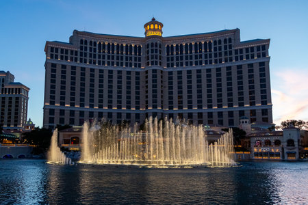 Las Vegas, Nevada - April 2017: Fountains of Bellagio. Fountains at Bellagio Hotel and Casino in Las Vegas. Bellagio fountain water show at night. Bellagio hotel and the dancing fountains.のeditorial素材