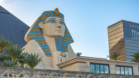 Las Vegas, Nevada - April 2017: Luxor Casino hotel in Las Vegas. Luxor is the second largest hotel in Las Vegas. Monorail train over Luxor Hotel. View of the Pyramid with Sphinx of Luxor hotel.のeditorial素材
