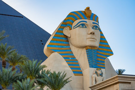 Las Vegas, Nevada - April 2017: Luxor Casino hotel in Las Vegas. Luxor is the second largest hotel in Las Vegas. Monorail train over Luxor Hotel. View of the Pyramid with Sphinx of Luxor hotel.のeditorial素材