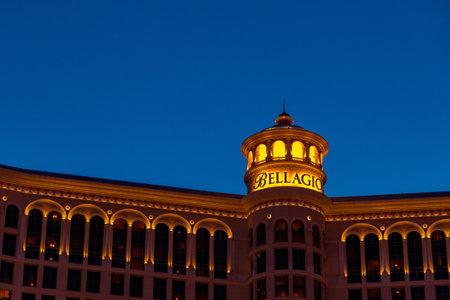 Las Vegas, Nevada - April 2017: Bellagio Hotel and Casino in Las Vegas, Close Up at Nightのeditorial素材