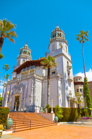 Hearst Castle, California, USA - 27 April 2017- William R. Hearst Castle. San Simeon California State Historical Monument. Casa Grande exterior artisanship. East side view of Hearst Castle.のeditorial素材
