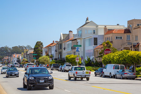 San Francisco, California, USA - 22 April, 2017- Residential buildings on Marina Boulevard, near the waterfront in San Francisco. Lifestyle in San Francisco. Tourist famous places in Californiaのeditorial素材