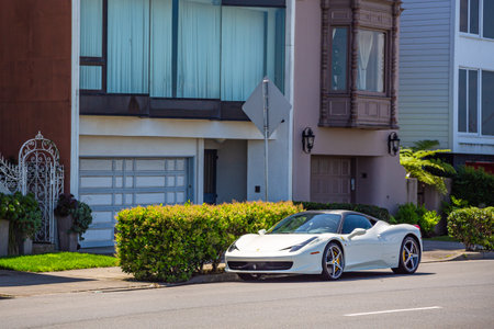 San Francisco, California, USA - 22 April, 2017- Residential buildings on Marina Boulevard, near the waterfront in San Francisco. Lifestyle in San Francisco. Luxury Ferrari car is parked near house.のeditorial素材