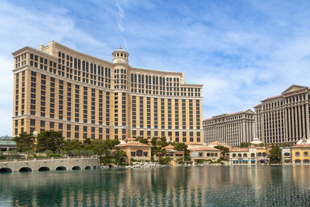 Bellagio hotel and casino during the day. Fountains at Bellagio Hotel and Casino in Las Vegas, panoramic view. Bellagio hotel and the dancing fountains not working. Las Vegas, Nevada - 2 April 2017のeditorial素材