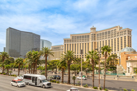 Bellagio hotel and casino during the day. Fountains at Bellagio Hotel and Casino in Las Vegas, panoramic view. Bellagio hotel and the dancing fountains not working. Las Vegas, Nevada - 2 April 2017のeditorial素材