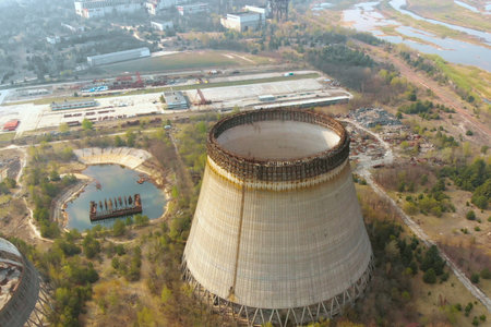 Drone flies over the cooling tower near Chernobyl nuclear power plant., zoom out, close up, top view. Flying over the cooling tower near the Chernobyl nuclear power plant. Territory near Chernobyl NPPの写真素材