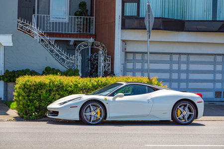 San Francisco, California, USA - 22 April, 2017- Residential buildings on Marina Boulevard, near the waterfront in San Francisco. Lifestyle in San Francisco. Luxury Ferrari car is parked near house.のeditorial素材