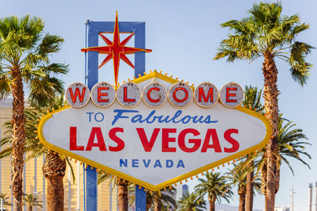 Welcome sign to the stunning landscape of Las Vegas. Iconic Welcome to Fabulous Las Vegas sign stands tall against a backdrop of palm trees. landmark, sights, hotels and landscapes of Las Vegasの写真素材