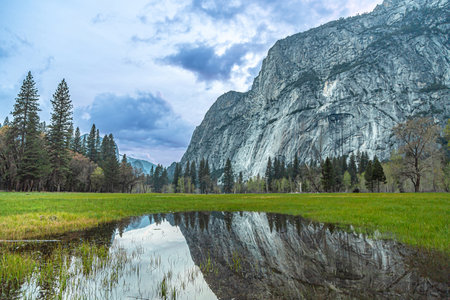 El Capitan from Cooks Meadow. Springtime in Yosemite National Park, Reflection of El Captain in a spring lake. Beautiful view in Yosemite Valley. El Capitan in Yosemite national parkの写真素材