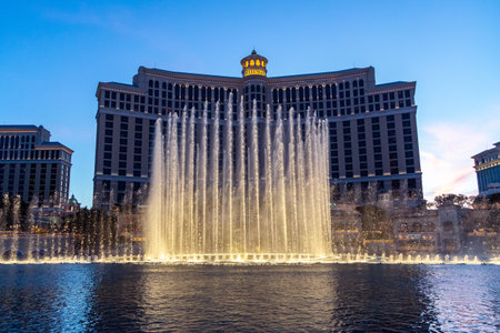 Las Vegas, Nevada - 2 April 2017: Fountains of Bellagio. Fountains at Bellagio Hotel and Casino in Las Vegas. Bellagio fountain water show at night. Bellagio hotel and the dancing fountains.のeditorial素材