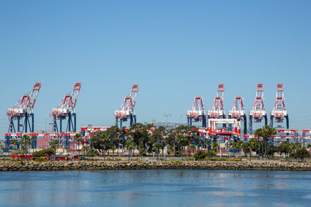 Shipping cranes and port infrastructure. Large industrial port cranes stand tall at a busy shipping dock. Massive cranes dominate harbor skyline under a clear sky.の写真素材