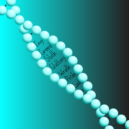A DNA molecule into which seven deadly sins are inscribed on a blue background, a combination of medicine and religionのイラスト素材