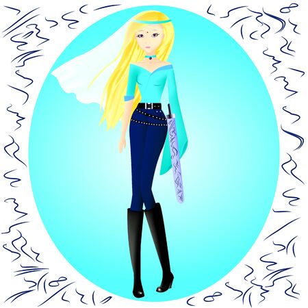a young girl, the Sultan's wife in a blue top, blue pants and black boots with a cold steel belt
のイラスト素材