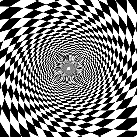 Psychedelic tunnel, chessboard pattern in black and white, trumpet, twisted spiral on white backgroundのイラスト素材