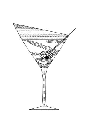 zenart style martini glass with olive on a skewer, doodle, wall art, for print, black and white imageのイラスト素材