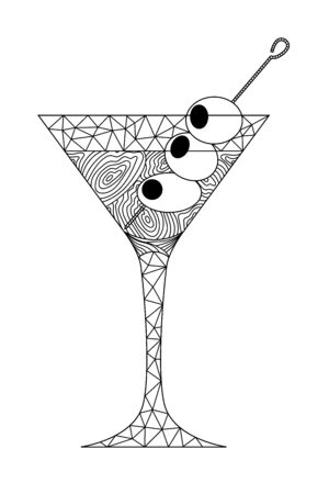 zenart style martini glass with olive on a skewer, doodle, wall art, for print, black and white imageのイラスト素材