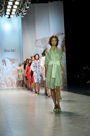 KIEV, UKRAINE - OCTOBER 17: Fashion model wears clothes created by "Olena Dats" at the 24th Ukrainian Fashion Week on Oct. 17, 2009 in Kiev, Ukraine.のeditorial素材