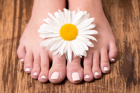 Closeup photo of a female feet at spa salon on pedicure procedure  Female legs in water decoration the flowers の写真素材