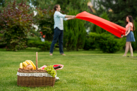 Romantic picnic basket with wine and fruitsの写真素材