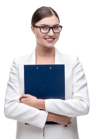Business woman with folder, isolated on white backgroundの写真素材