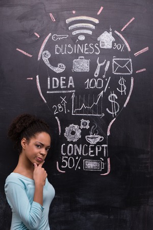 Thoughtful afro-american woman on chalkboard background looking at camera. Painted lightbulb with business ideas on chalkboard. Concept for successの写真素材