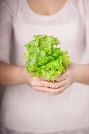 Close up photo of lettuce in female hands. Concept for cooking in the kitchenの写真素材