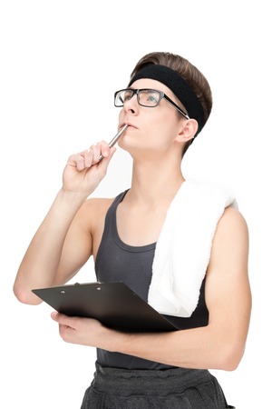Funny sporty nerd in glasses isolated on white backgroundの写真素材