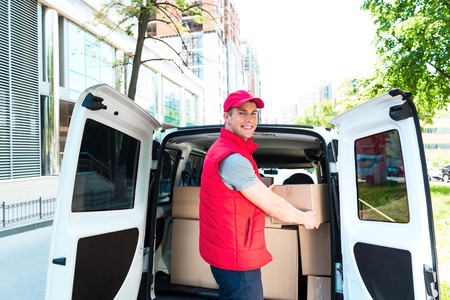 Colorful picture of courier delivers package. Courier picking up the parcal from the car and...