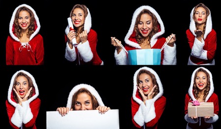 Collage of beautiful mixed-race santa girl on black background. Young sexy brunette woman wearing santa claus clothesの写真素材