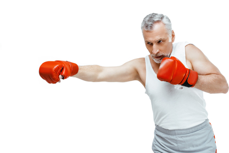 Horizontal photo of silver haired senior sportsman isolated on white background. Man boxing with glovesの写真素材