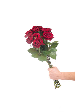 Nice photo of one hand on white background. Young man reaching out and holding red rosesの写真素材