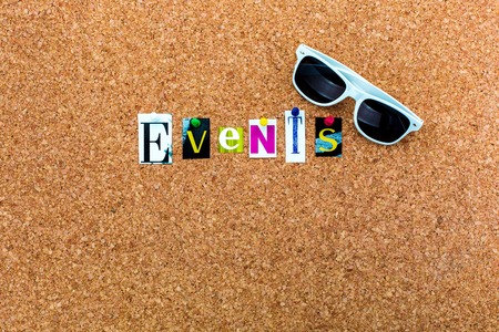 Top view creative studio photo of table with paper word EVENTSの写真素材