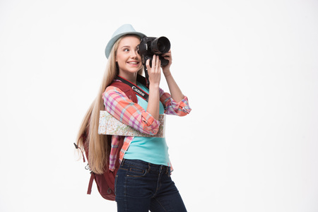 Beautiful young woman on white background