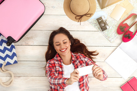 Young woman traveler tourist top view vacationの写真素材