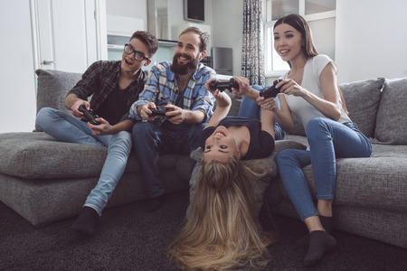 Group of friends having party together at homeの写真素材