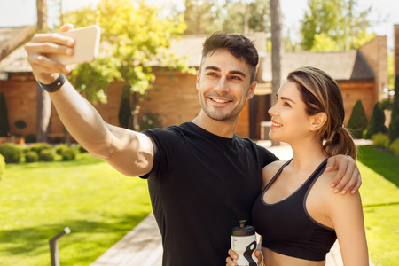 Young couple exercise together outdoors healthy lifestyleの写真素材