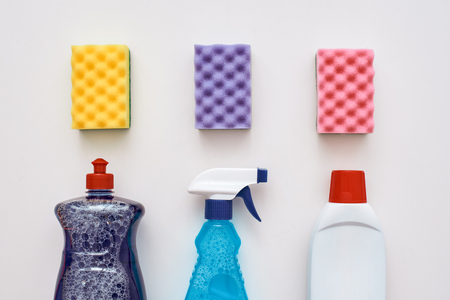 Three cleaning sponges and other tools isolated.の写真素材