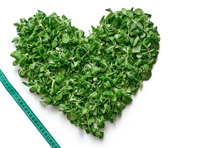 Heart from spinach leaves, isolated. Love healthy foodの写真素材