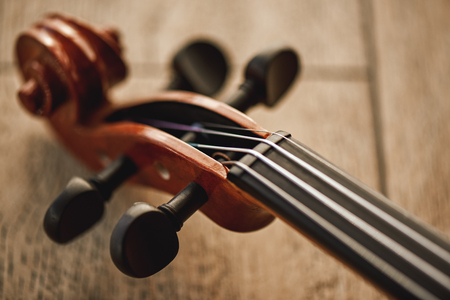 Construction of violin. Top view of the violin neck lying on wooden backgroundの素材 [FY310117238413]