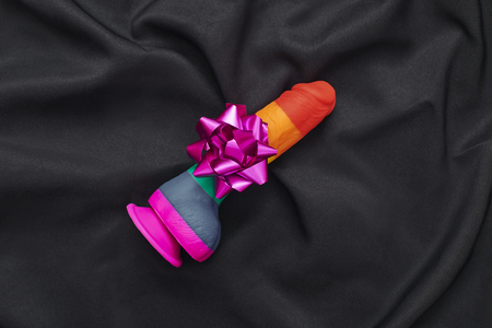 Sex doesnt have to get boring. Top view of silicone rainbow dildo with suction cup and decorated...
