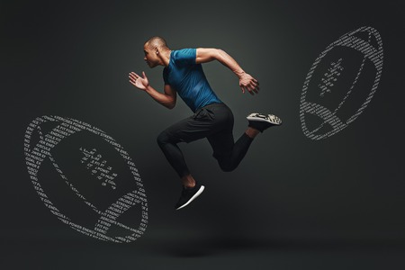Handsome sportsman is ready to run jumping over dark background. Graphic drawing