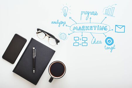 Creating. Results. Top view office desk. Marketing conceptの写真素材