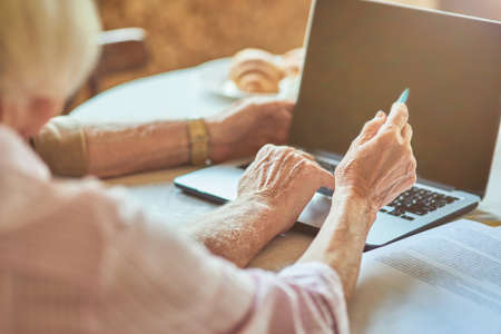 Elderly couple sitting at the table and using computerの写真素材