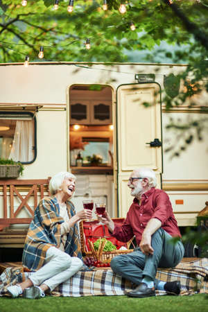 Happy elderly man and woman talking while having picnic near camper vanの写真素材