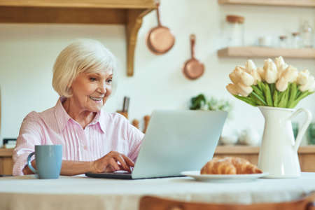 Smiling gray haired lady looking at laptop screen