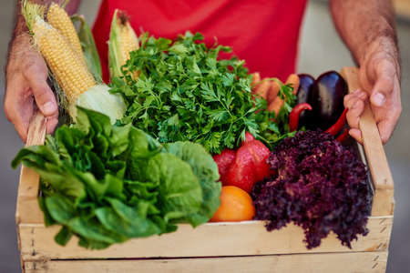Courier holding grocery box with fresh vegetables for delivering, close up shotの写真素材