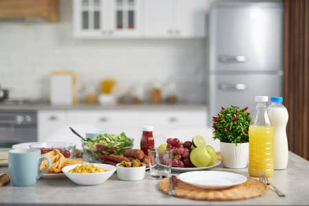 Breakfast time. Close up of Latin American breakfast on the table in modern kitchen interior