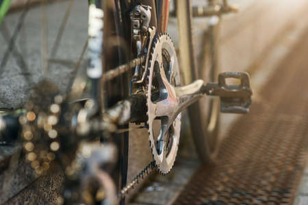 Detailed view of bicycle mechanisms. Sprocket, pedal and chain on a mountain bike