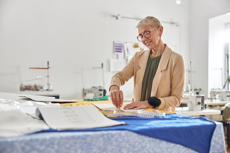 Mature woman designer draws pattern on color fabric at large cutting table in workshopの写真素材