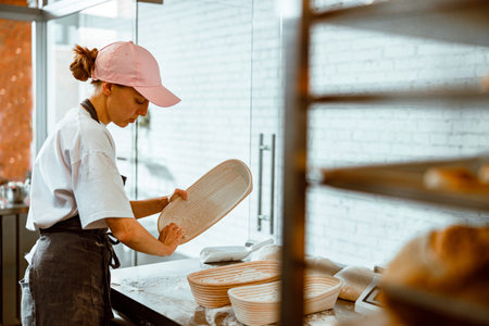 Lady worker in cap spreads flour inside dish at table with raw dough in workshopの写真素材